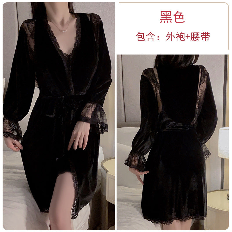 Autumn and winter pajamas velvet and lace patchwork deep V neck night dresses for woman dresses nighty wear