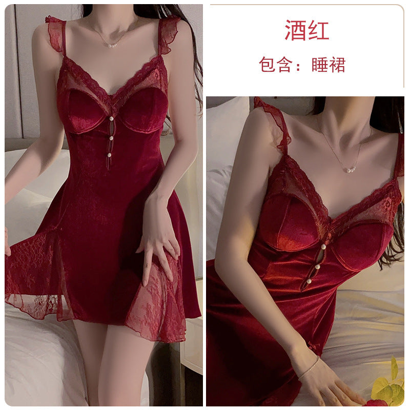 Autumn and winter pajamas velvet and lace patchwork deep V neck night dresses for woman dresses nighty wear