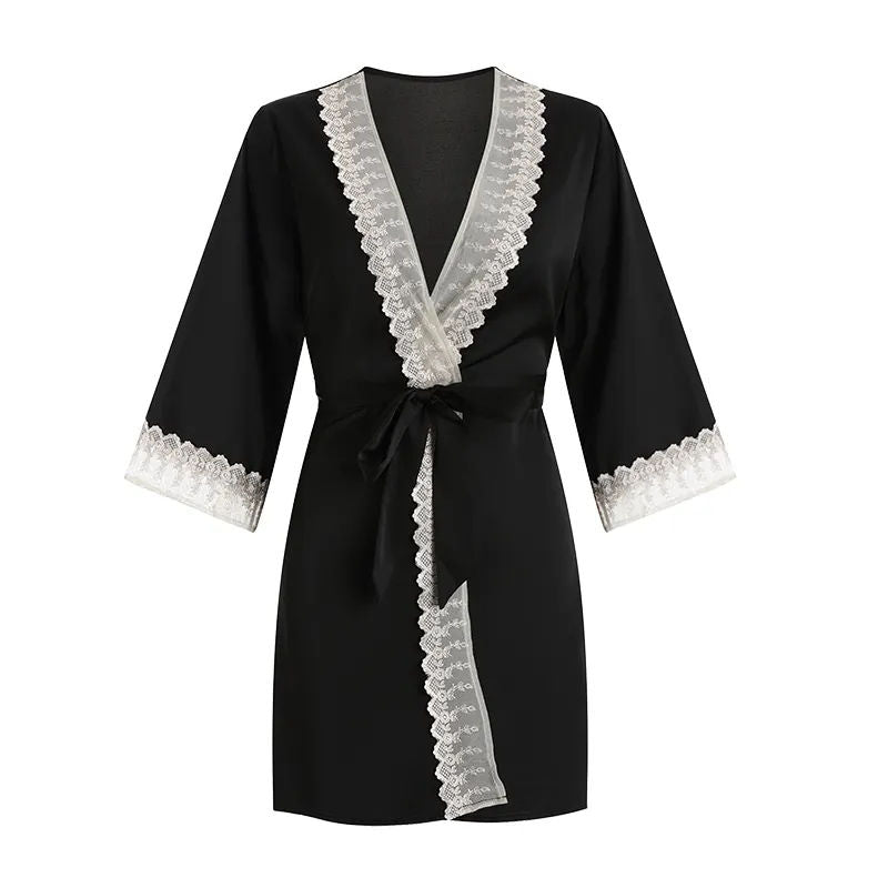 Bossman long Wear Women Kimono Silk Satin French Lace Ladies Night Robe