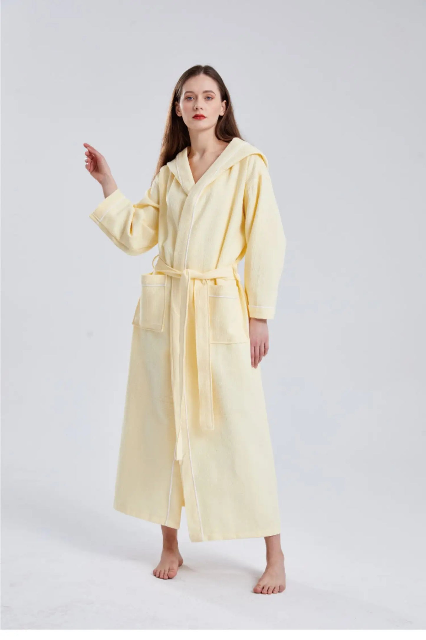 Long Luxury Waffle Weave Kimono Bathrobe Lightweight Spa Robe 100% Turkish Cotton For YRF