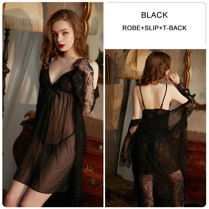 Valentine's Day women sexy night wear sheer lace slip dress belt robe and thong three pieces lounge wear