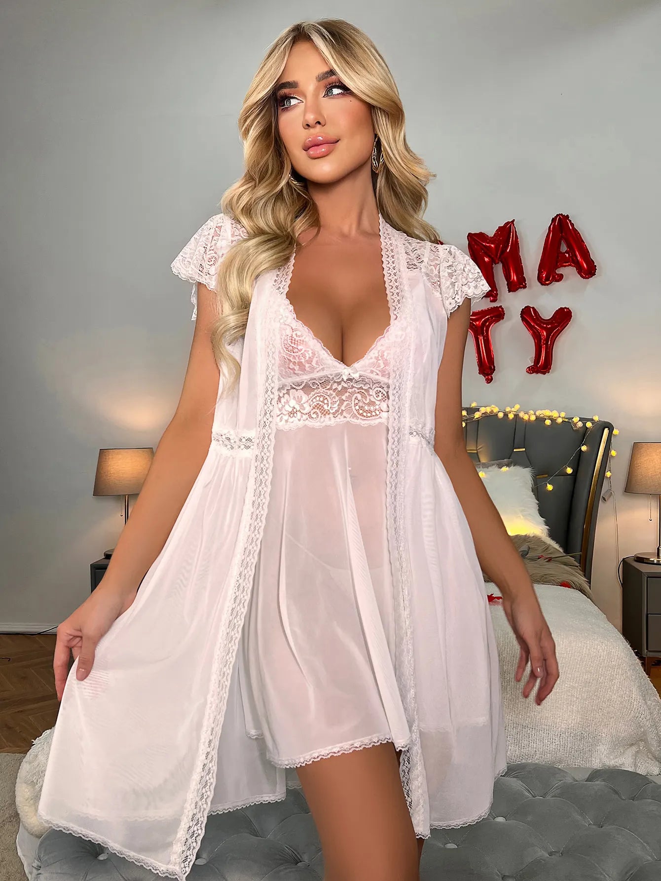 Bossman Ladies sexy white lace halter pajamas spandex knitted fabric Sexy Lingerie