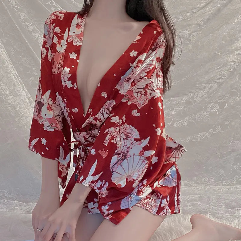 Wholesale Japanese Kimono Cherry Blossom Night Robe Dual Wear Sexy Women Lounge Wear