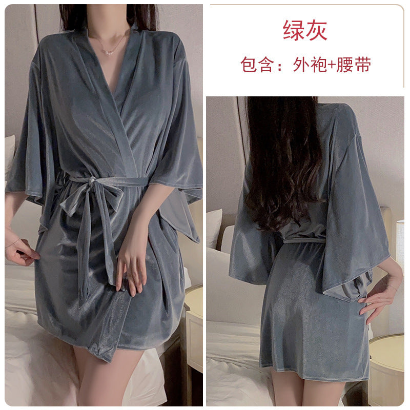 Autumn and winter pajamas velvet and lace patchwork deep V neck night dresses for woman dresses nighty wear