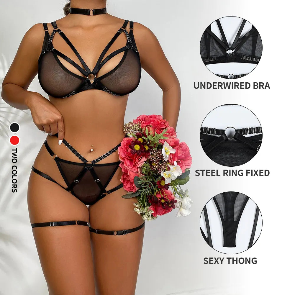 Bosmay 2023 Hot Sale Women Sexy Chain Ring Sexy Lingerie Ladies Erotic Mesh Femme Sex Lingeries With Garter