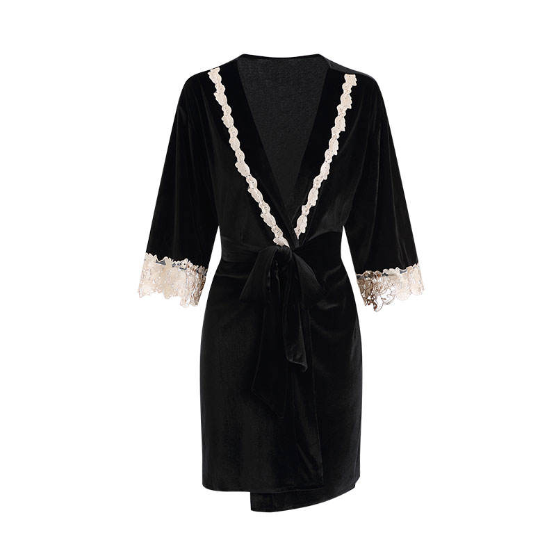 Bossman China Direct Sale Women's Sleepwear Velvet Kimono Long Sleeve Night Robe Patchwork Embroider Lace Loungewear Bath Robe