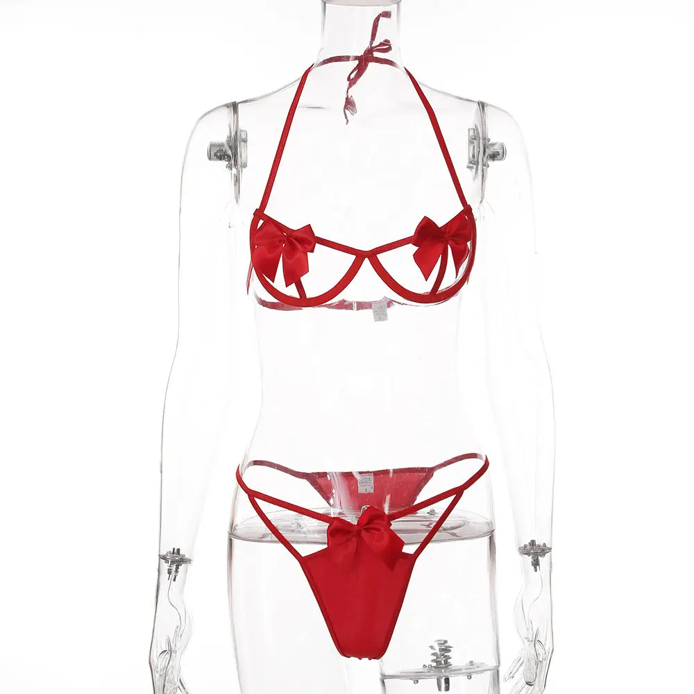 Bossman New Sexy Halter Three-point Transparent Lingerie Women's Red Butterfly Underwear Set