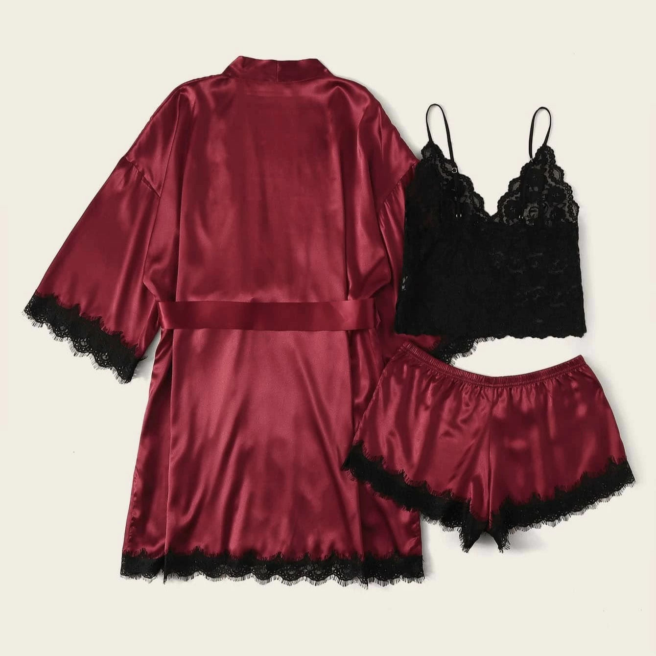 Bossman High Quality Women's 3pcs Satin Sleepwear Floral Lace Trim Cami Top and Shorts Pajama Sexy Women three Piece Pajamas Set
