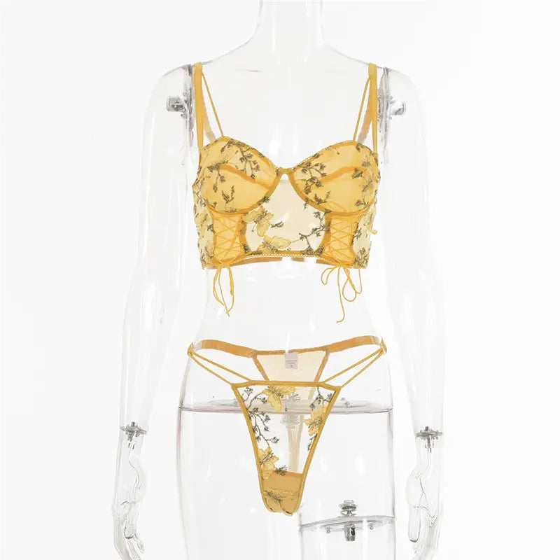 Bossman Manufacturer embroidery butterfly flower lingerie 2 piece transparent lace lingerie set