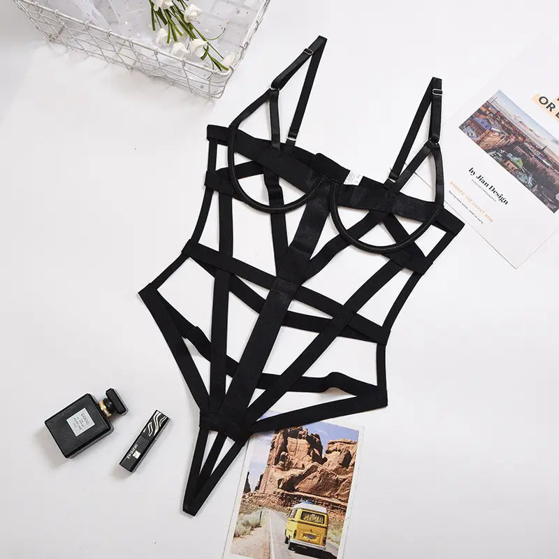 Bossman Women Sexy Bodysuit Erotic Seductive Black Hollow Out Harness Lingerie Crotchless Bodysuits Crossed Bondage Lencera