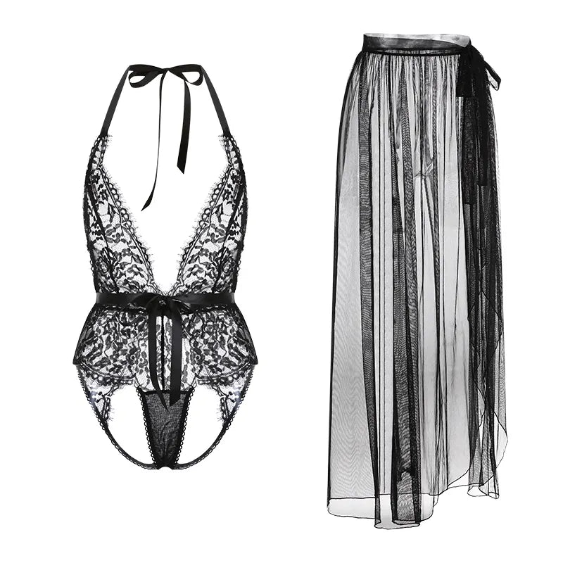 Women Erotic Lingerie Floral Lace Open Crotch Teddy And Sheer Mesh Skirt Sexy Nighties Women Evening Dress