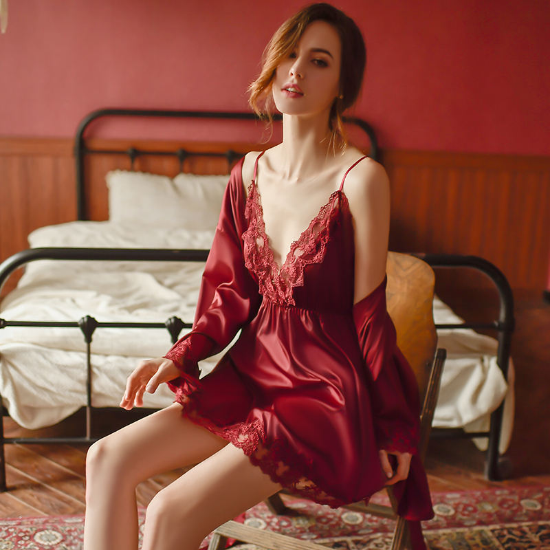 Bossman High Quantity Sexy Sheer Babydoll Dress Long Sleeve Robe Set Dress Thong Robe Three Pcs Set