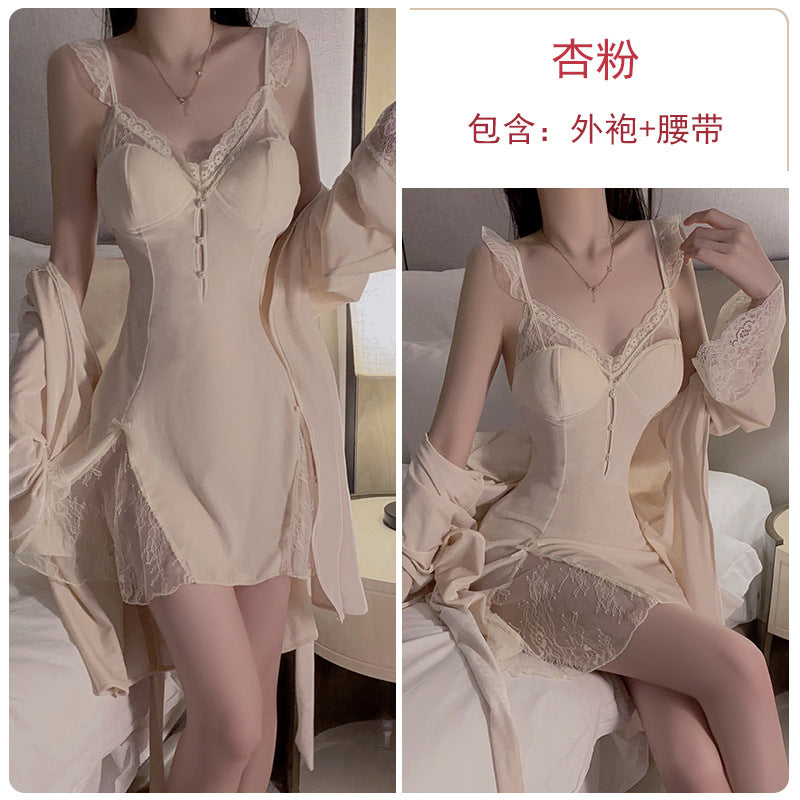 Autumn and winter pajamas velvet and lace patchwork deep V neck night dresses for woman dresses nighty wear