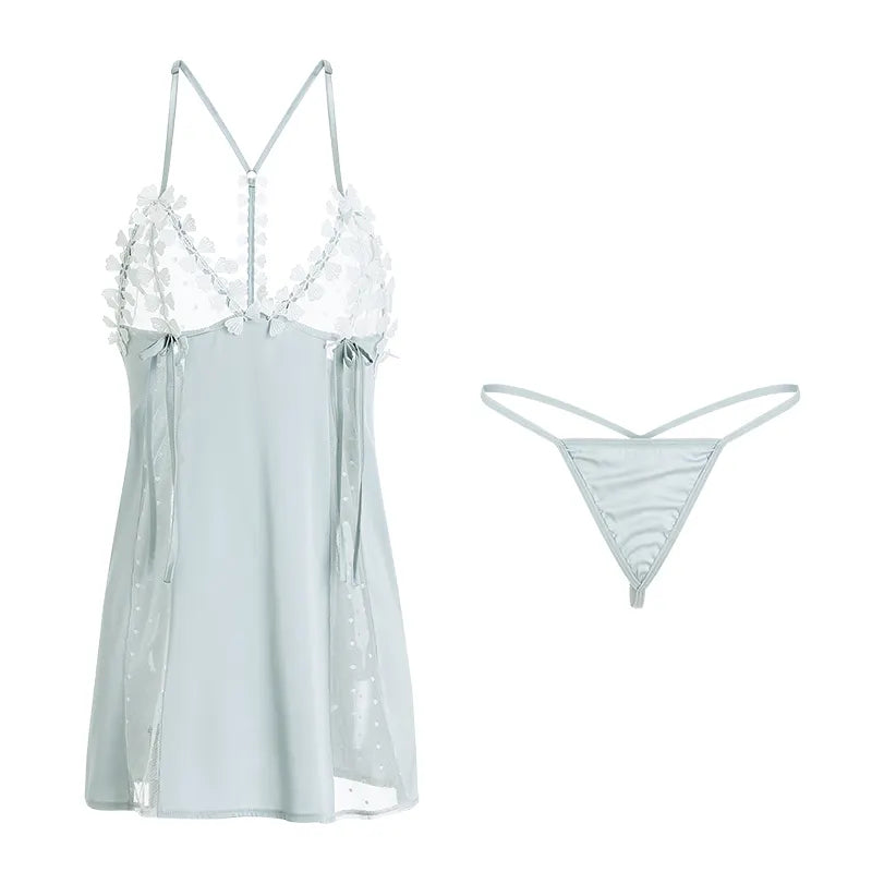3 Piece Set Women Sleepwear Summer Sexy Mesh Patchwork Satin Floral Nighties Thong Lounge Wear