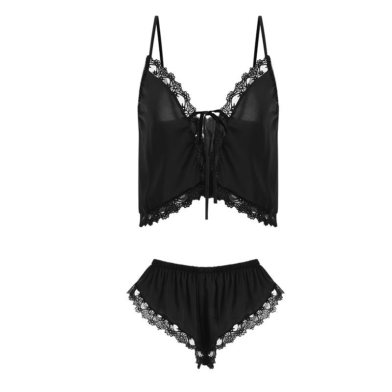 Bossman Euro-america Women's Lounge Wear Deep V Slip Silk Lace 2 Piece Sexy Short Pajama Set