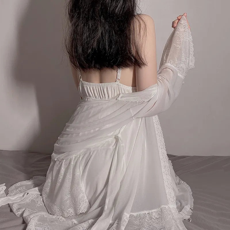 Bossman Luxury Lounge Wear Women Snow White Flounce Sweet Slips And Night Robe Set