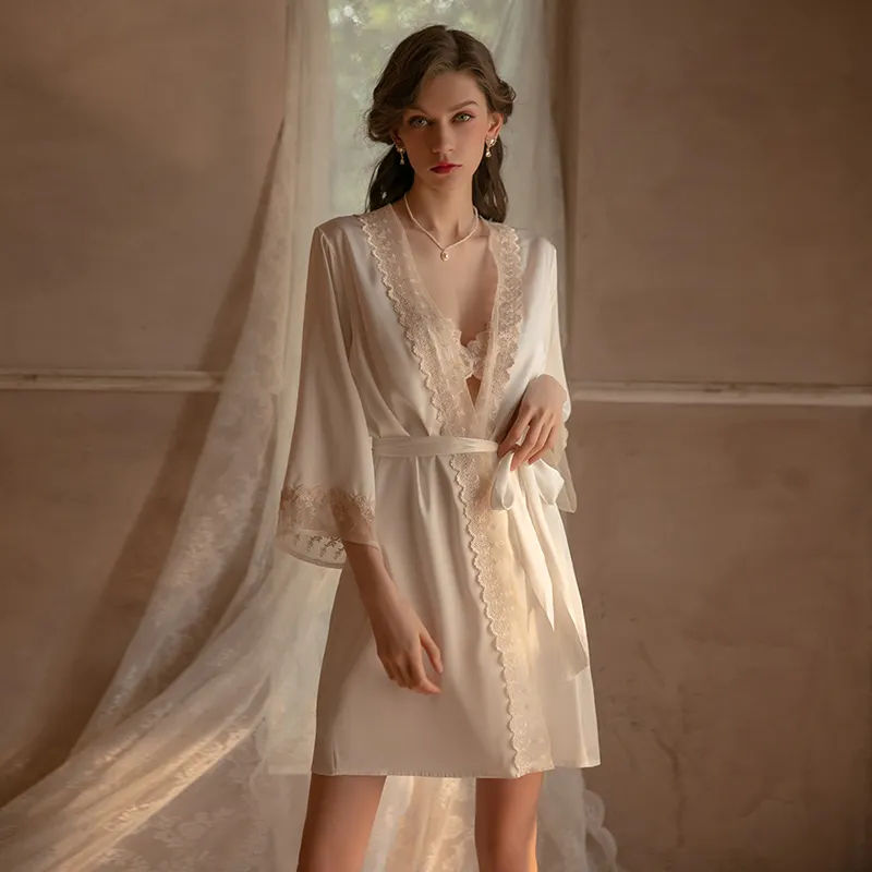 Bossman long Wear Women Kimono Silk Satin French Lace Ladies Night Robe