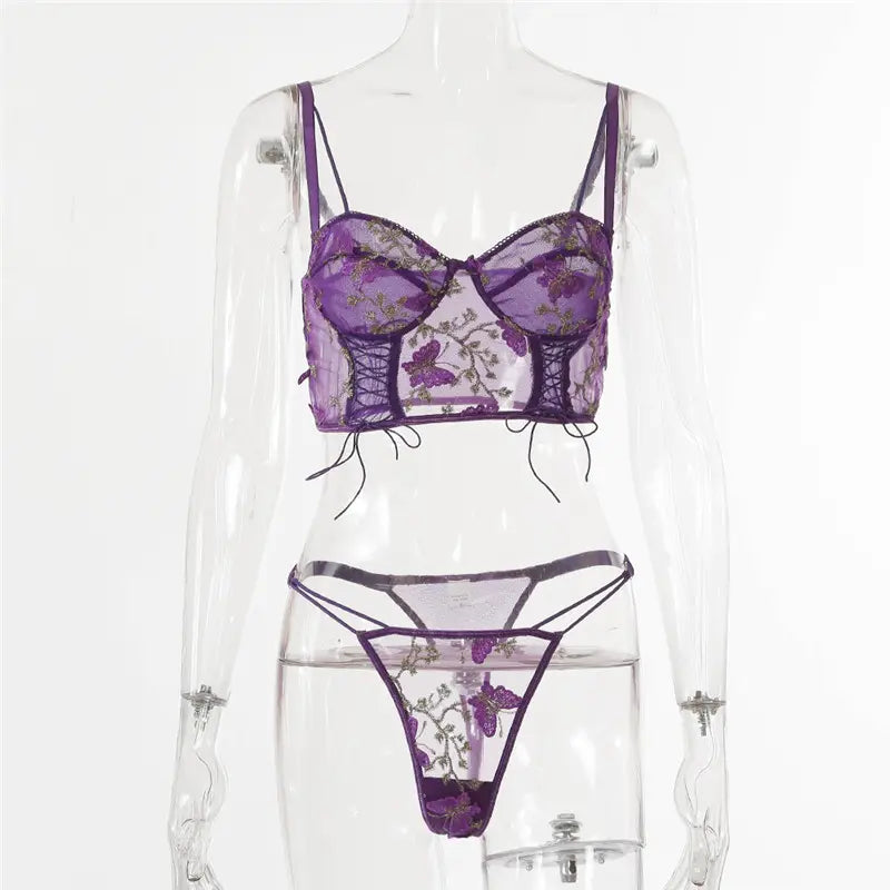 Bossman Manufacturer embroidery butterfly flower lingerie 2 piece transparent lace lingerie set