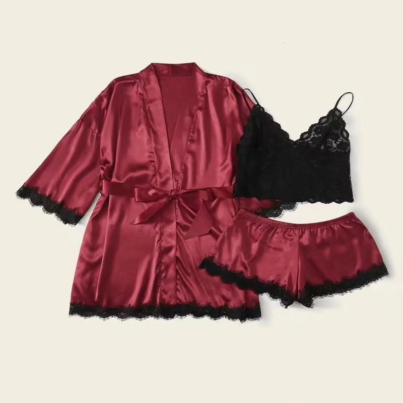 Bossman High Quality Women's 3pcs Satin Sleepwear Floral Lace Trim Cami Top and Shorts Pajama Sexy Women three Piece Pajamas Set