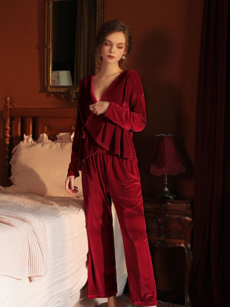 Two pieces new women lingerie RED velvet pajamas sexy V neck long sleeve and pajama trousers homewear suits casual pants sets