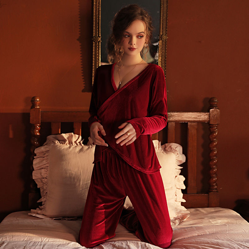 Two pieces new women lingerie RED velvet pajamas sexy V neck long sleeve and pajama trousers homewear suits casual pants sets