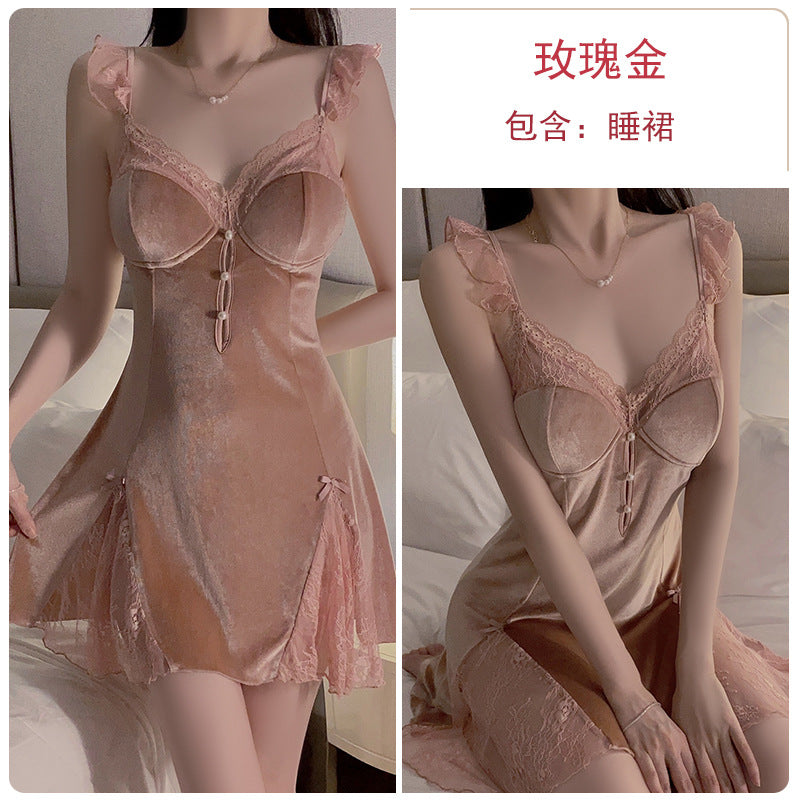 Autumn and winter pajamas velvet and lace patchwork deep V neck night dresses for woman dresses nighty wear