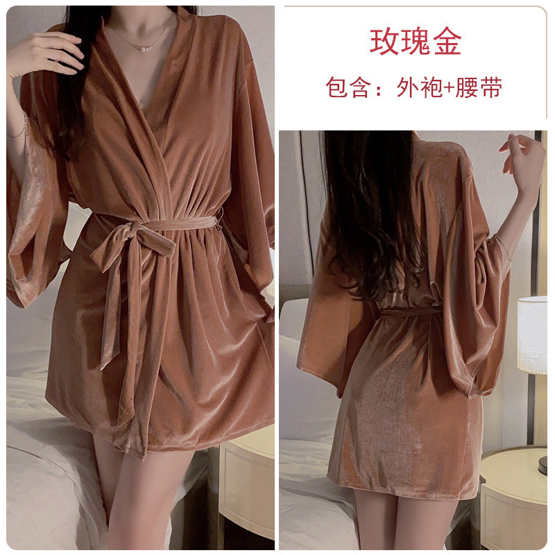 Autumn and winter pajamas velvet and lace patchwork deep V neck night dresses for woman dresses nighty wear