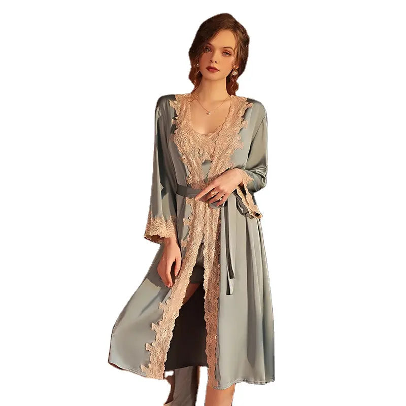 Bossman Hot Women's Night Wear Vintage Belt Robe Lady's Kimono Long Sleeve Lace Silky Elegant Night Gown