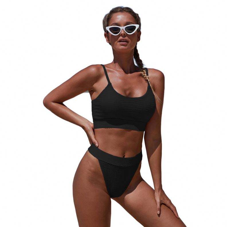 Bossman New Arrive Women Black Solid Knit High Waist Shoulder Strap Sexy Bikini strapping swimsuit