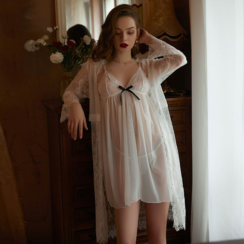 Valentine's Day women sexy night wear sheer lace slip dress belt robe and thong three pieces lounge wear