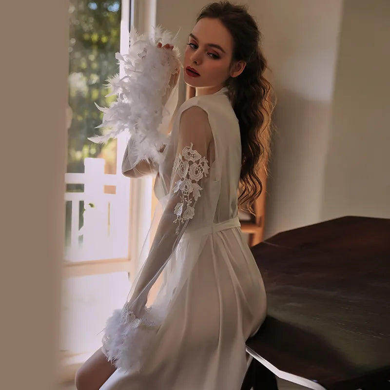 Bossman Hot Women Sleepwear lounge wear Belt Long Robe Silk Feather Luxury Night Gown