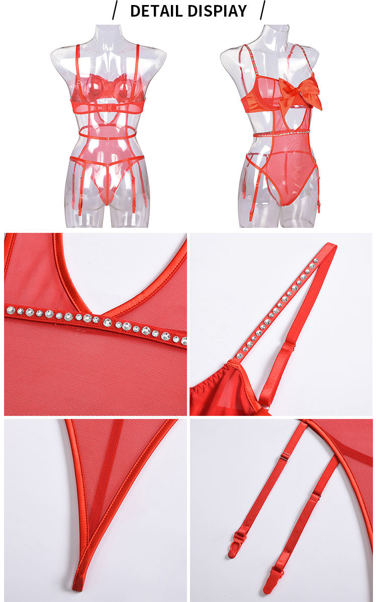 Bosmay Christmas Style Spandex Seamless Mature Women Sexy Rhinestone Red Erotic Bodysuit Lingerie