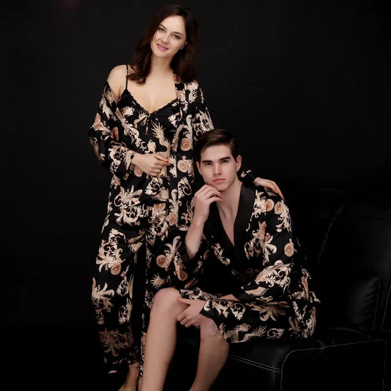 sexy costumes bridesmaid dresses Valentines Day Gift Silk ice silk couple pajamas women's summer three piece suit long sleeve men's robe bathrobe home wear womens sexy underwear