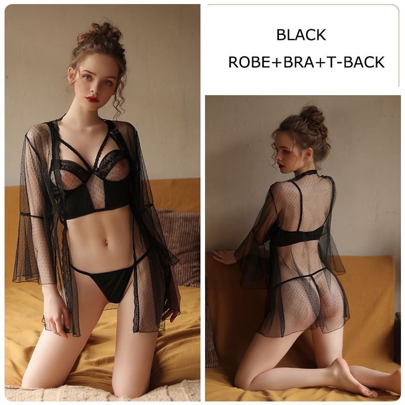 BOSSMAN Hot Sexy Lingerie Bohemian Kimono Jacquard Mesh Robe Bras & Briefs Love Night Wear Honeymoon 3 Piece Lingerie Set
