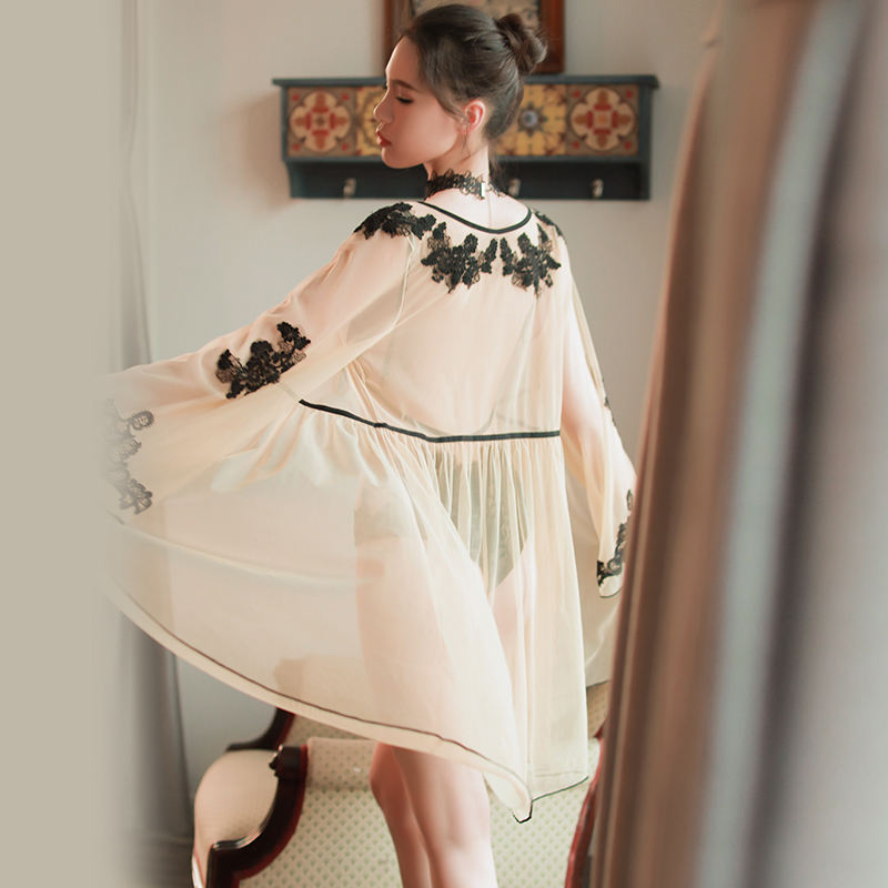 Bossman New Fashion High Quality Women Transparent Sheer Mesh Embroidery Lace Robe