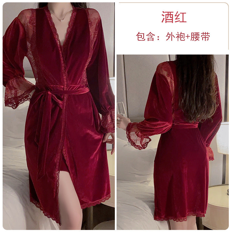 Autumn and winter pajamas velvet and lace patchwork deep V neck night dresses for woman dresses nighty wear