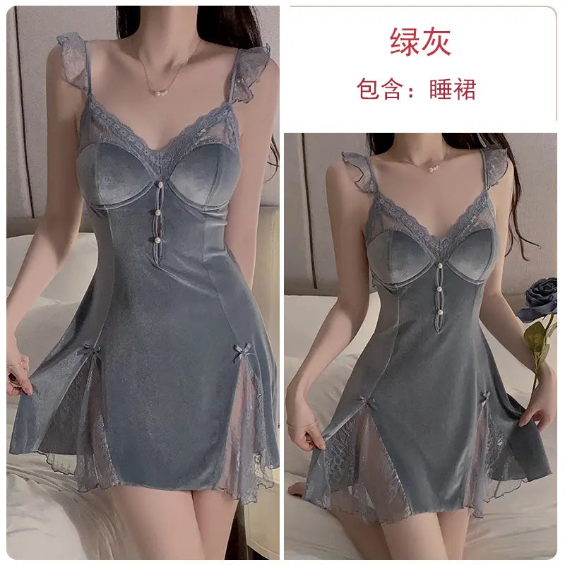 Autumn and winter pajamas velvet and lace patchwork deep V neck night dresses for woman dresses nighty wear