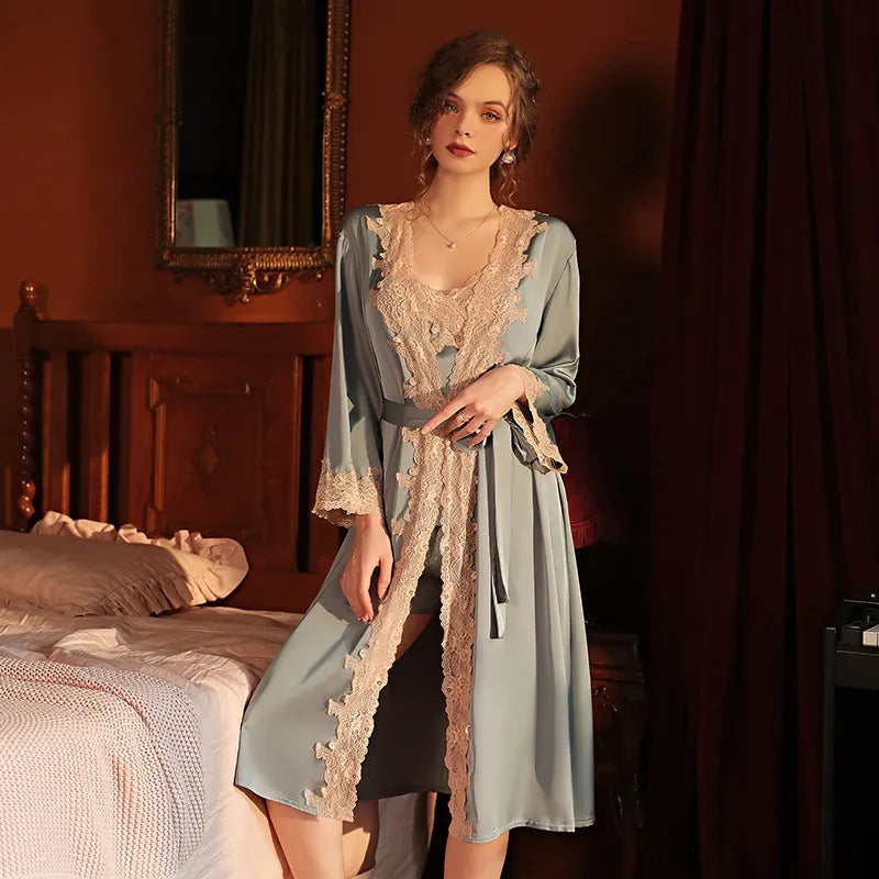 BOSMAY belt robe lady's kimono long sleeve lace women's sexy sleepwears Valentines day gift