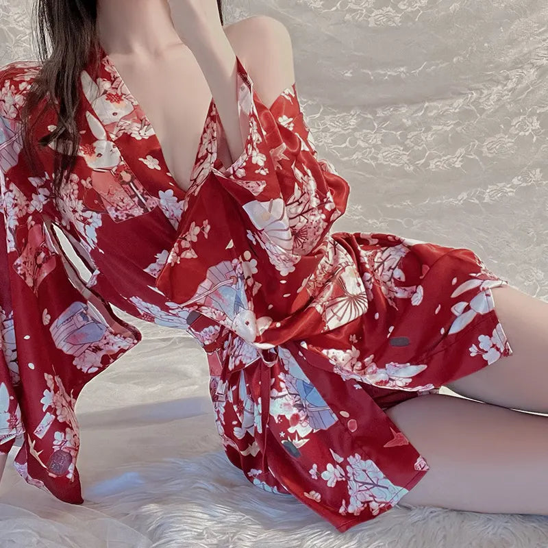 Wholesale Japanese Kimono Cherry Blossom Night Robe Dual Wear Sexy Women Lounge Wear