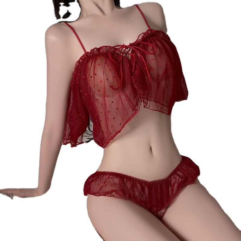 Bossman Lightweight polka dot translucent lace-up seductive suspender skirt shorts sexy waistless women's two-piece set