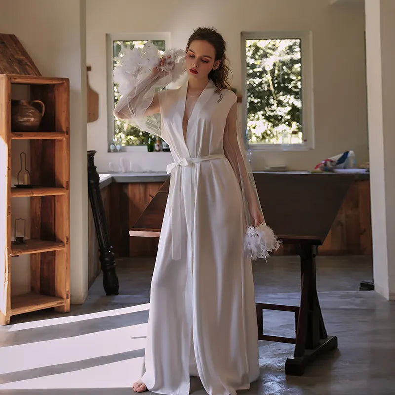 Bossman Hot Women Sleepwear lounge wear Belt Long Robe Silk Feather Luxury Night Gown