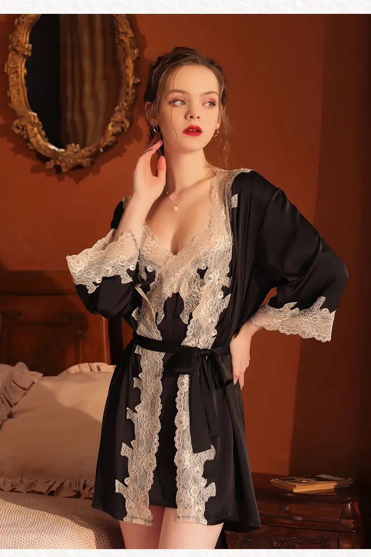 Bossman Hot Sleepwear Women Kimono Silk Satin Vintage Lace Ladies Night Robe