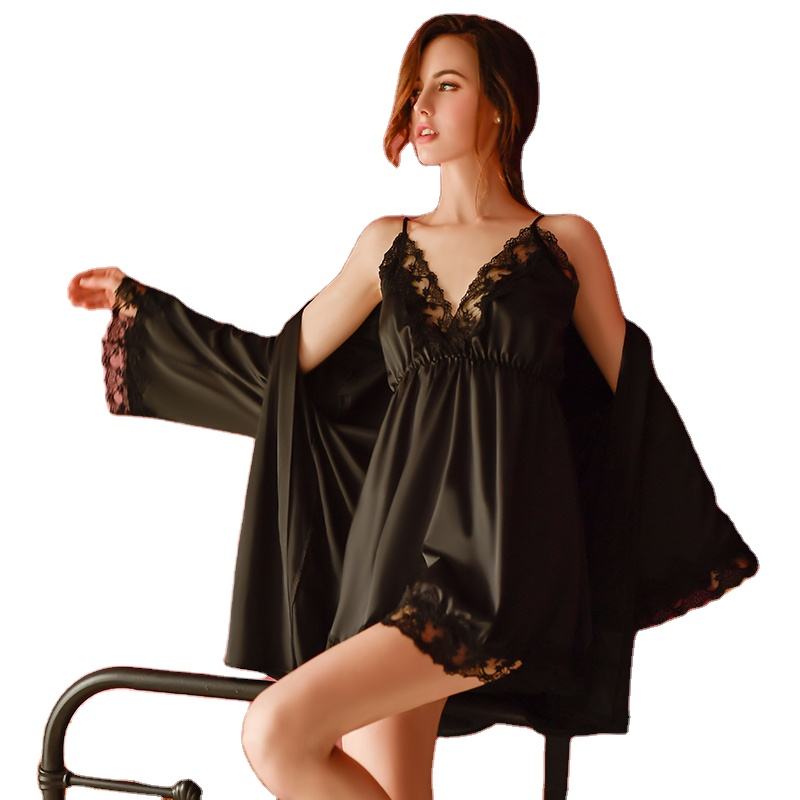 Bossman High Quantity Sexy Sheer Babydoll Dress Long Sleeve Robe Set Dress Thong Robe Three Pcs Set