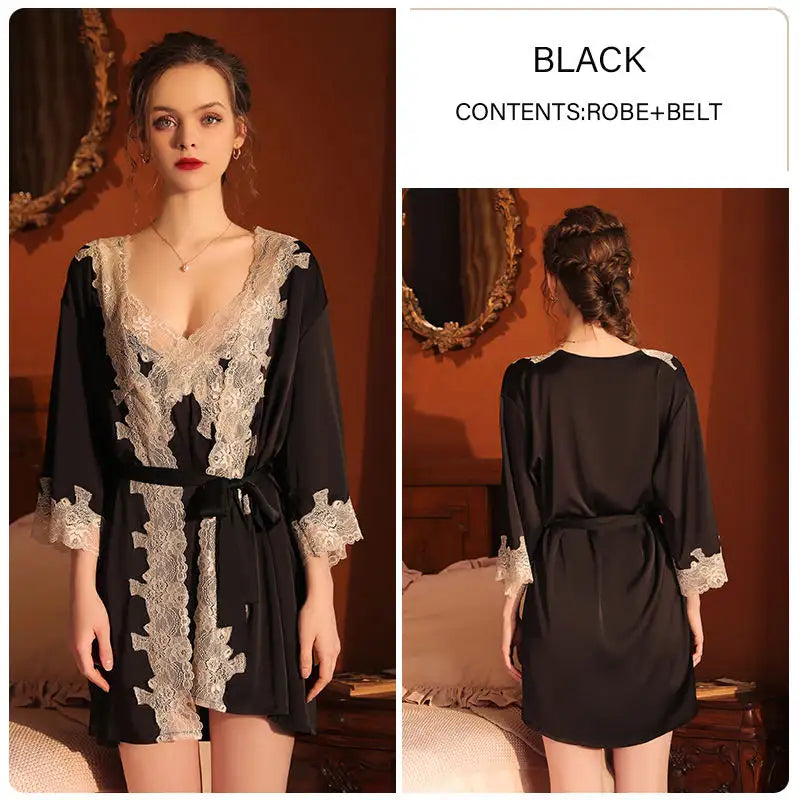 Bossman Hot Sleepwear Women Kimono Silk Satin Vintage Lace Ladies Night Robe