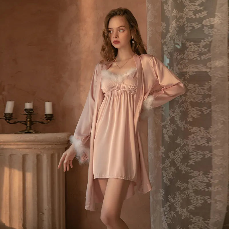 Bossman new sexy plush satin pajamas three pieces suspenders lace nightgown home service suit lingeries womens sexy underwear