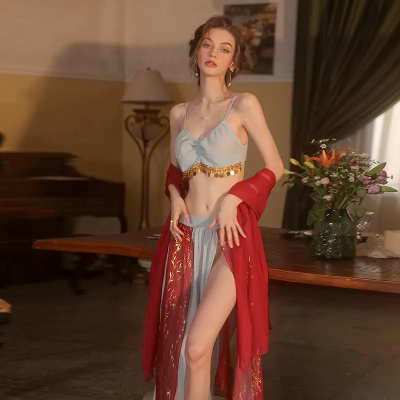 Bossman New Sexy Underwear Mesh Perspective Sexy Waist Lacing Up Antique Hanfu Bed Uniform Set