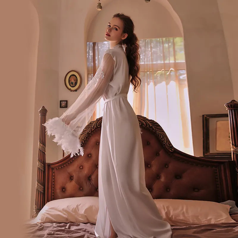 Bossman Hot Women Sleepwear lounge wear Belt Long Robe Silk Feather Luxury Night Gown