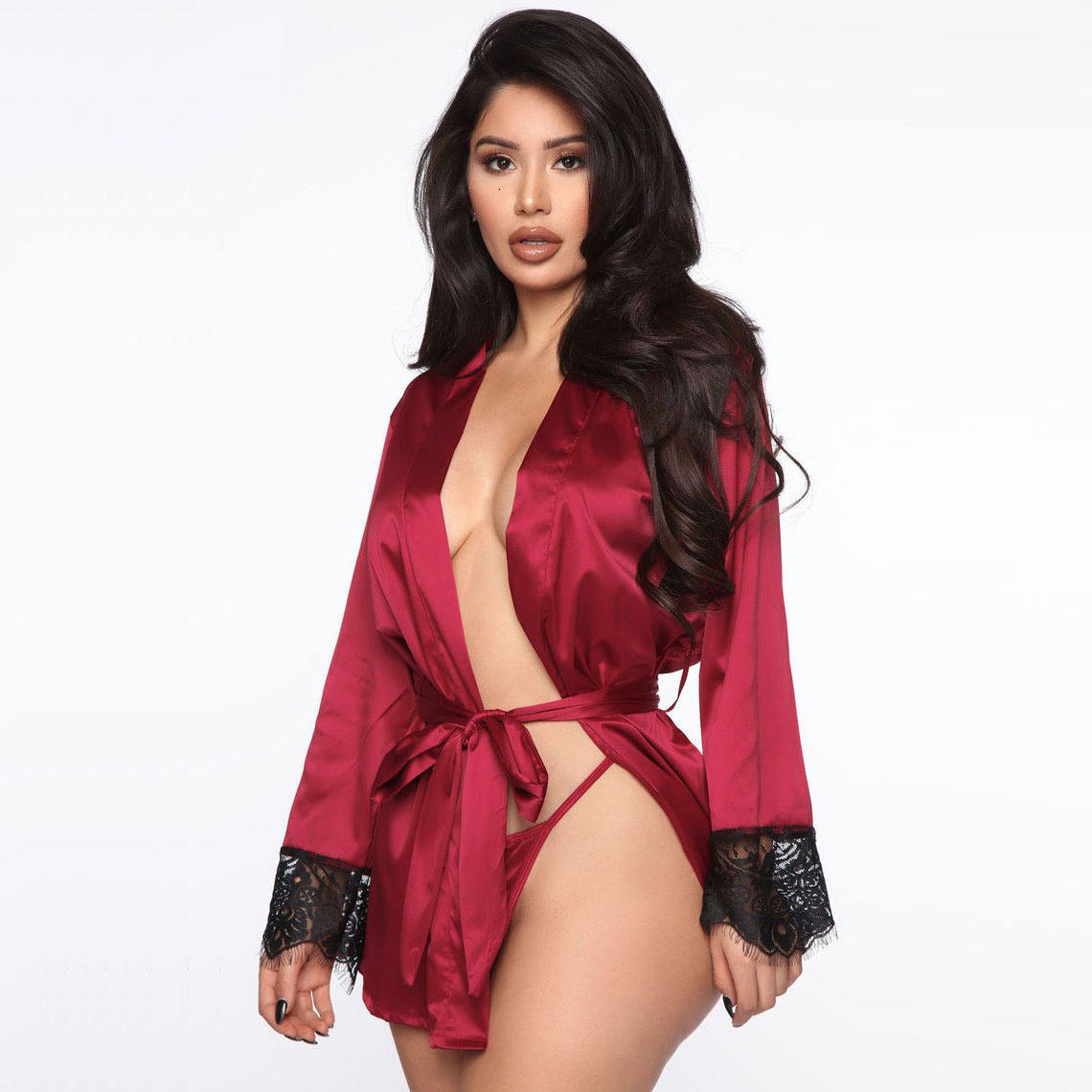 BOSSMAN ladies nightgown sexy see-through lace cardigan home wear bathrobe pajamas