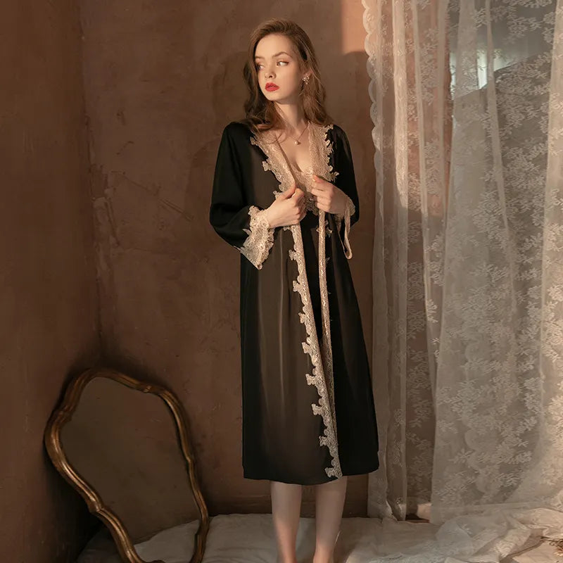 BOSMAY belt robe lady's kimono long sleeve lace women's sexy sleepwears Valentines day gift
