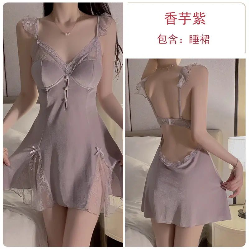 Autumn and winter pajamas velvet and lace patchwork deep V neck night dresses for woman dresses nighty wear